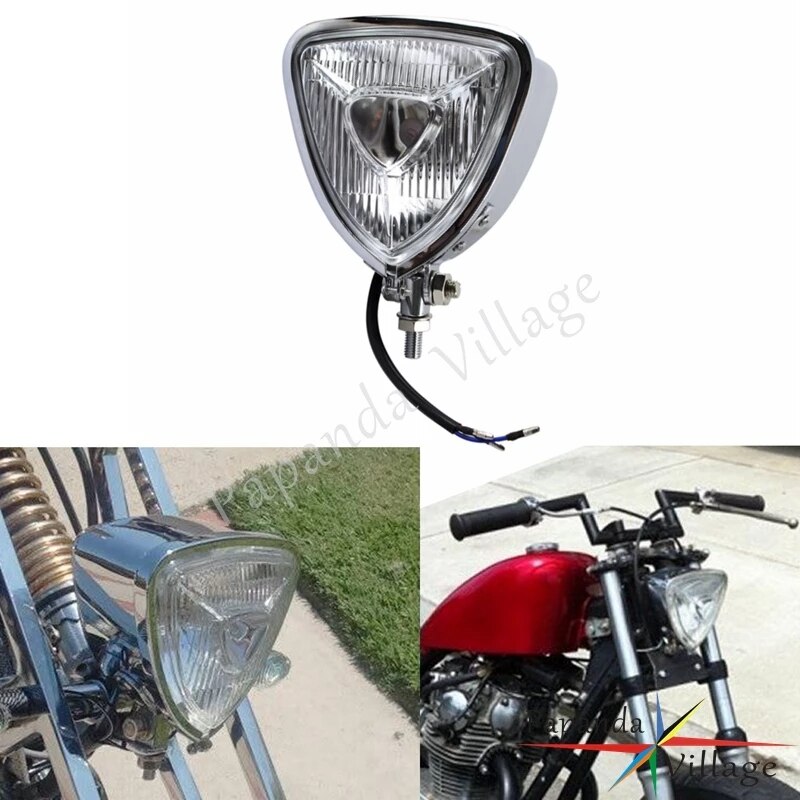 Phare triangulaire universel chromé pour motos Harley XL883 XL1200 Street Bob Fat Bob Low Rider Chopper, ambre H4 12V