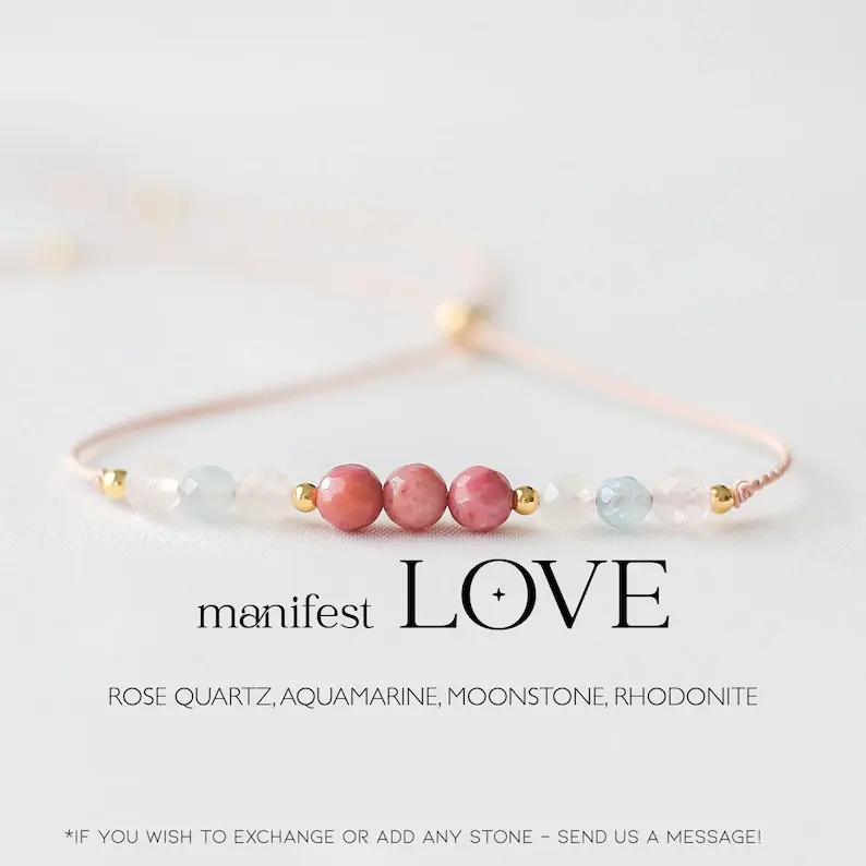Pulseira de cristal embutida amor, atrair amor, auto-amor, quartzo rosa, água-marinha, pedra da lua, rosa piroxeno