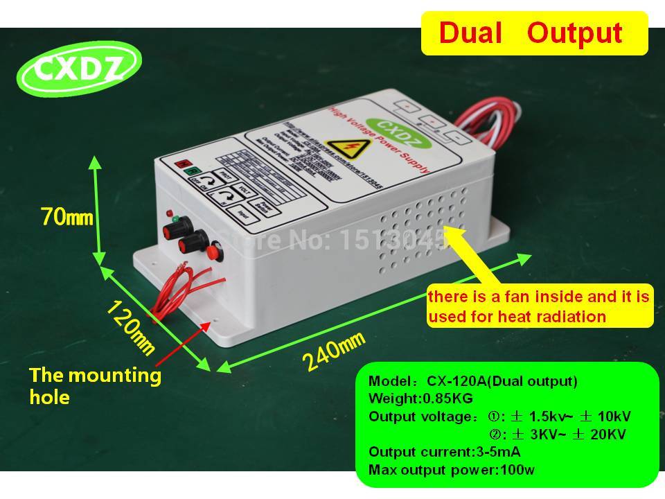 HIGH VOLTAGE POWER SUPPLY WITH DUAL OUTPUT 10KV or 10kv/ 20kv for electrostatic air cleaner