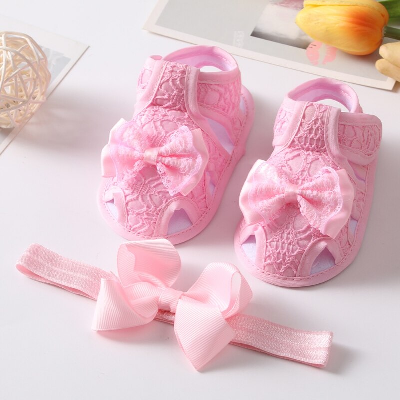 Zomer Baby Meisje Strik Hollow Sandalen Peuter Soft Sole Wandelschoenen Hoofdband Set