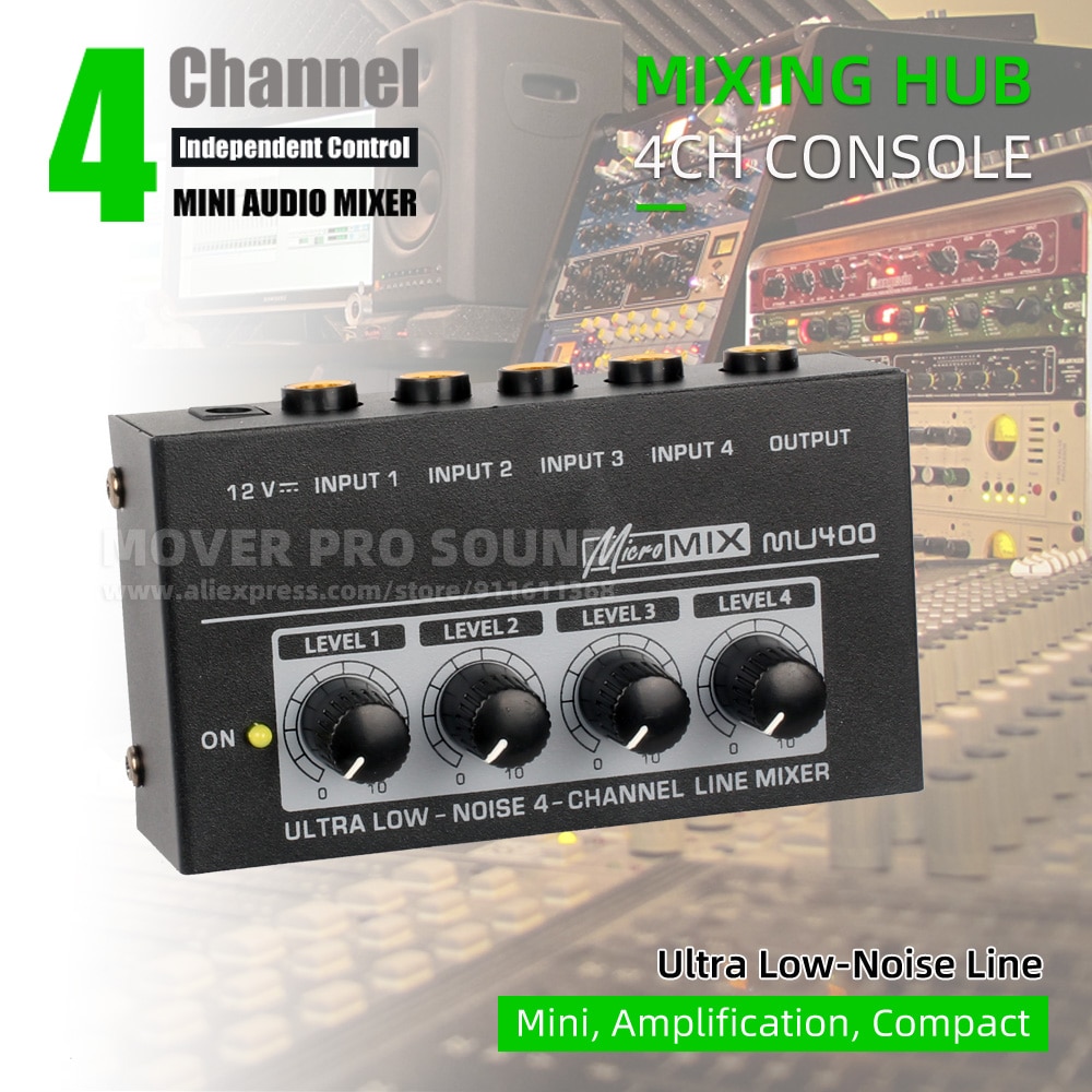 4 Channels Portable Audio Mixer Microphone Mixing Console Sound Desk Guitar Bass Musical Intrument Mic Signal Line In Out Hub
