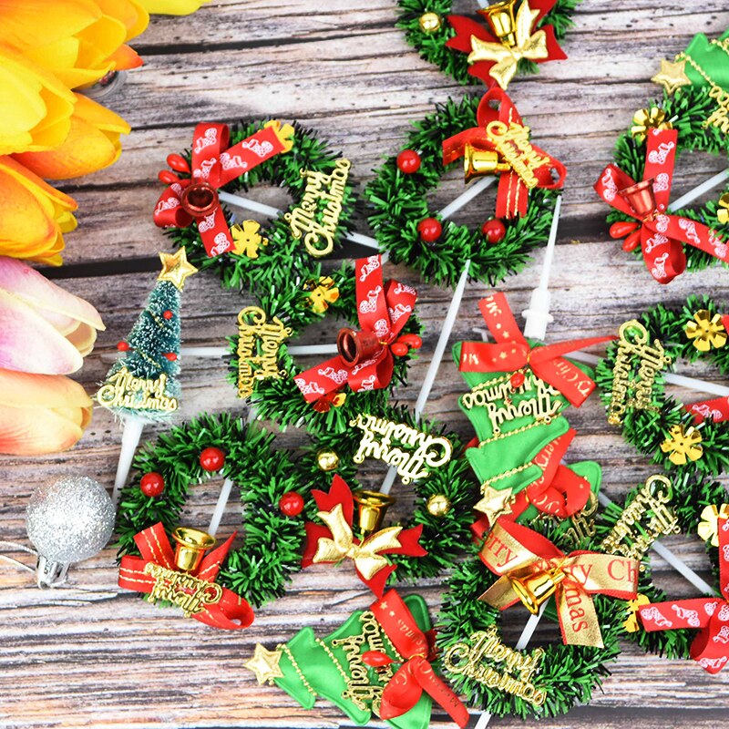 5pcs Christmas Cake Topper Mini Xmas Tree Wreath Shape Cupcake Topper for Merry Christmas Kids Favor Baking Dessert Decoration 7
