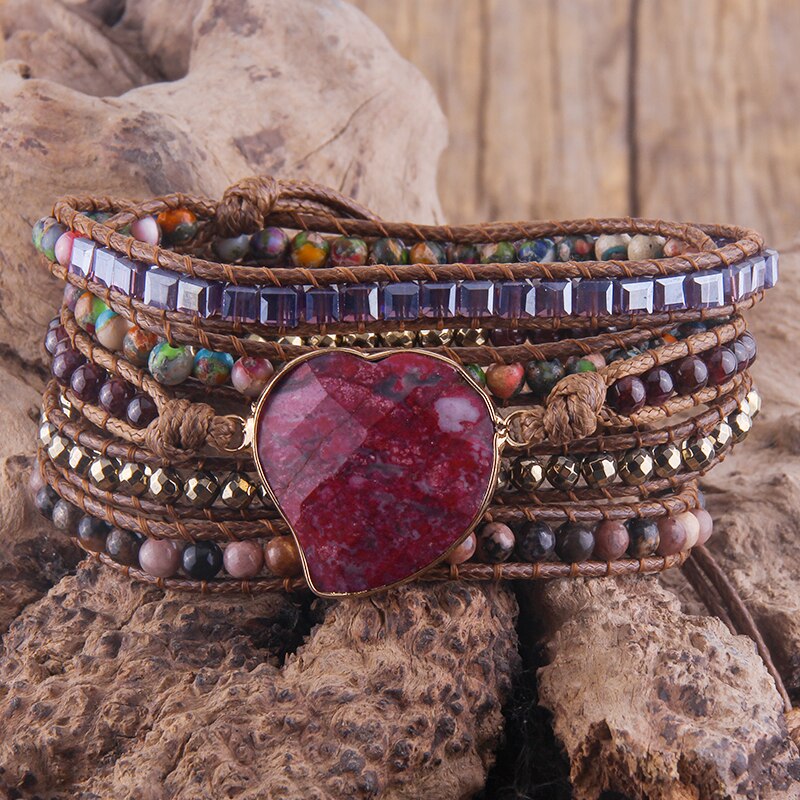 RH Handma-pulsera Bohemia con piedras naturales mezcladas, colgante de corazón, 5 pulseras de tiras, para mujer: multi red