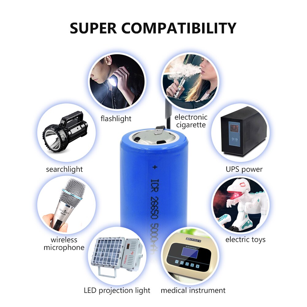1/2/4 pces azul icr 26650 lítio li ion bateria para led luz controle remoto mini ventilador tocha lanterna led 3.7v 5000mah células