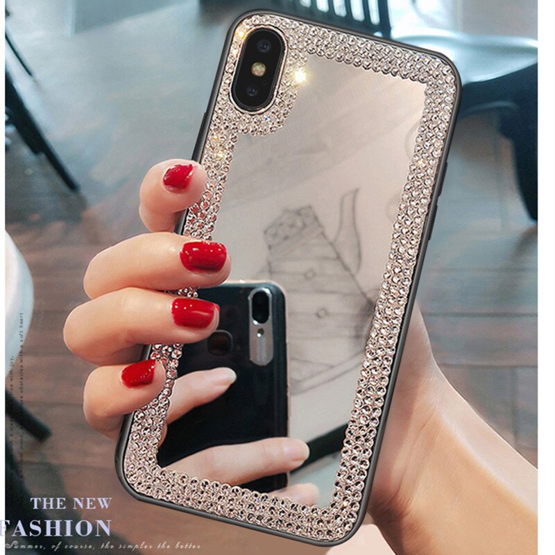 Luksus rhinestone diamant spejl telefon etui til iphone 13 11 pro max x xr  xs 12 blødt stødsikkert cover cover til iphone 7 8 plus