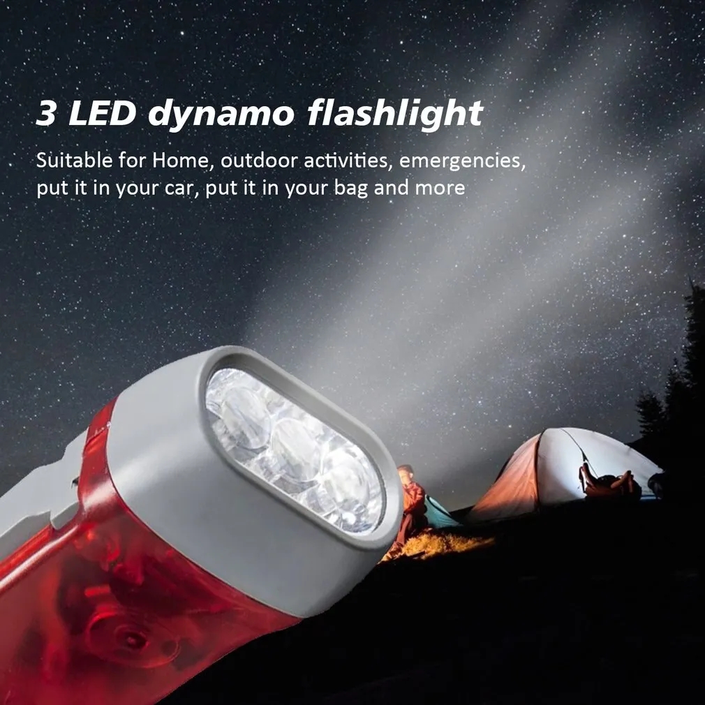 3 couleurs pressage à la main Dynamo manivelle puissance liquidation lampe de poche Mini auto-génératrice torche LED lampe de Camping lumière pour la maison extérieure