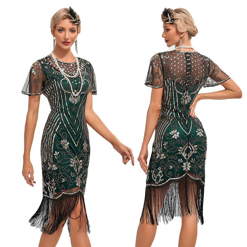 Vestido Flapper de los años 20, S-4XL de talla grande, Vintage para mujer, gran Gatsby, Color, borla de lentejuelas, vestido de de los años 20, disfraz de malla para mujer: L / Azul