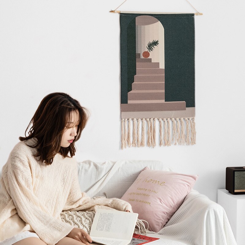 Tapiz colgante de pared de macramé para decoración del hogar, borla de algodón tejida hecha a mano, lienzo geométrico bohemio, tapiz de tela de fondo artístico