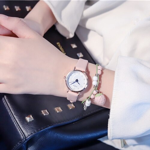 Dameshorloge met hartvormige blauwe wijzer dames quartzhorloges casual klein wit leren klokje dames polshorloges: Roze