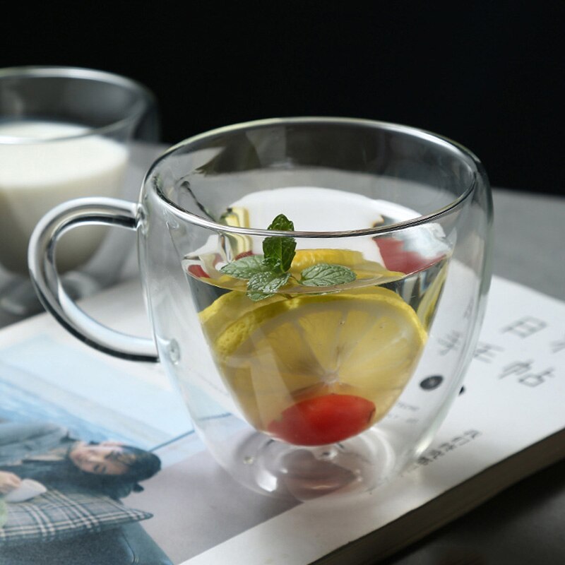 corazón amor en forma de doble pared de vidrio taza de café resistente Kungfu tazas de té leche jugo de limón taza vasos de amante