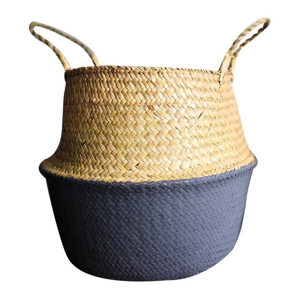 Seagrass Wicker Basket Wicker Basket Flower Pot Folding Basket Dirty Basket: Black 