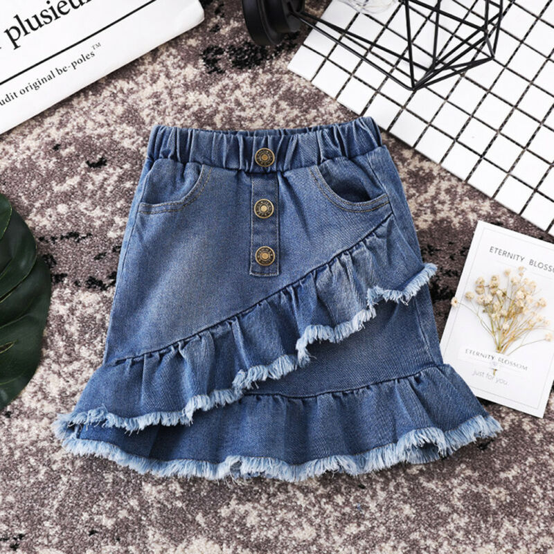 CANIS di Estate Del Bambino Delle Ragazze Dei Capretti Blu Denim Mini Skirt Ruffles Pulsante di Modo Bello Pannello Esterno Del Jean casual