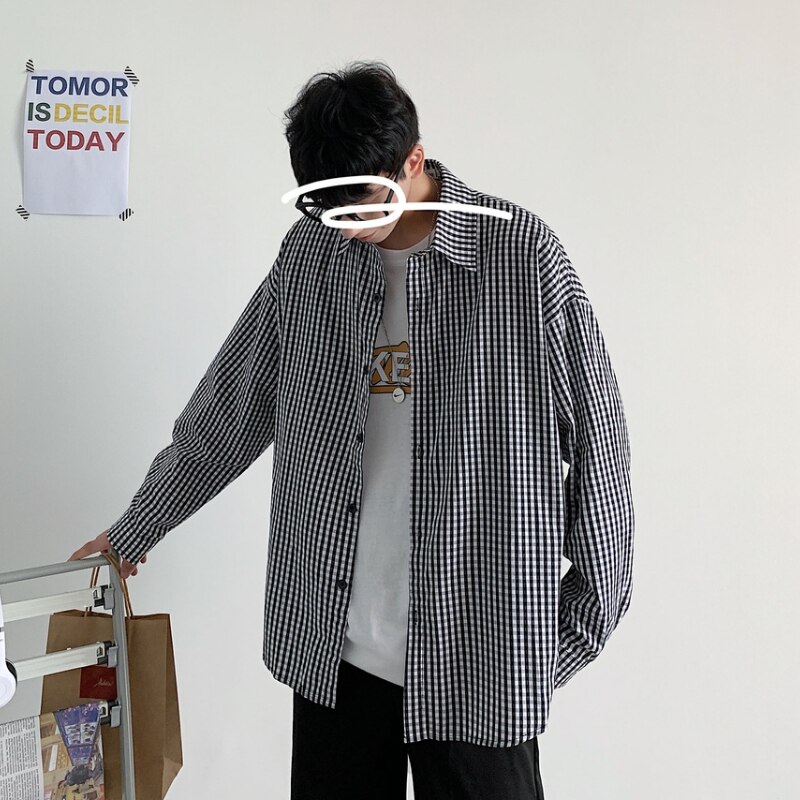 Men Shirts Plaid Long Sleeve Single Breasted Top Couple BF Harajuku Baggy All-match Ins Korean Style Classic Shirt Males Outwear