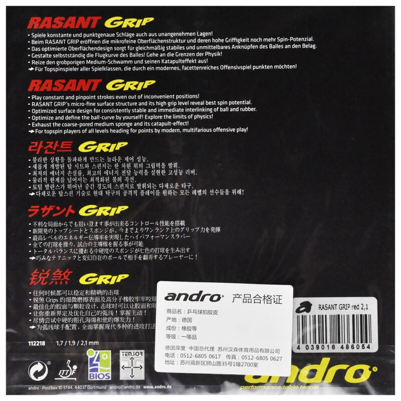 Genuine Andro Tenis De Mesa goma Rasant Grip granos en Pips-En Ping Pong esponja Tenis De Mesa