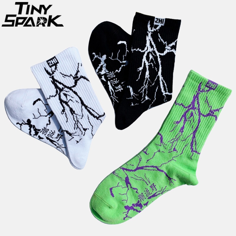 Hip hop crew sokker mænd harakuju streetwear lynprintede sokker bomuld hipster sokker skateboard sort hvid grøn