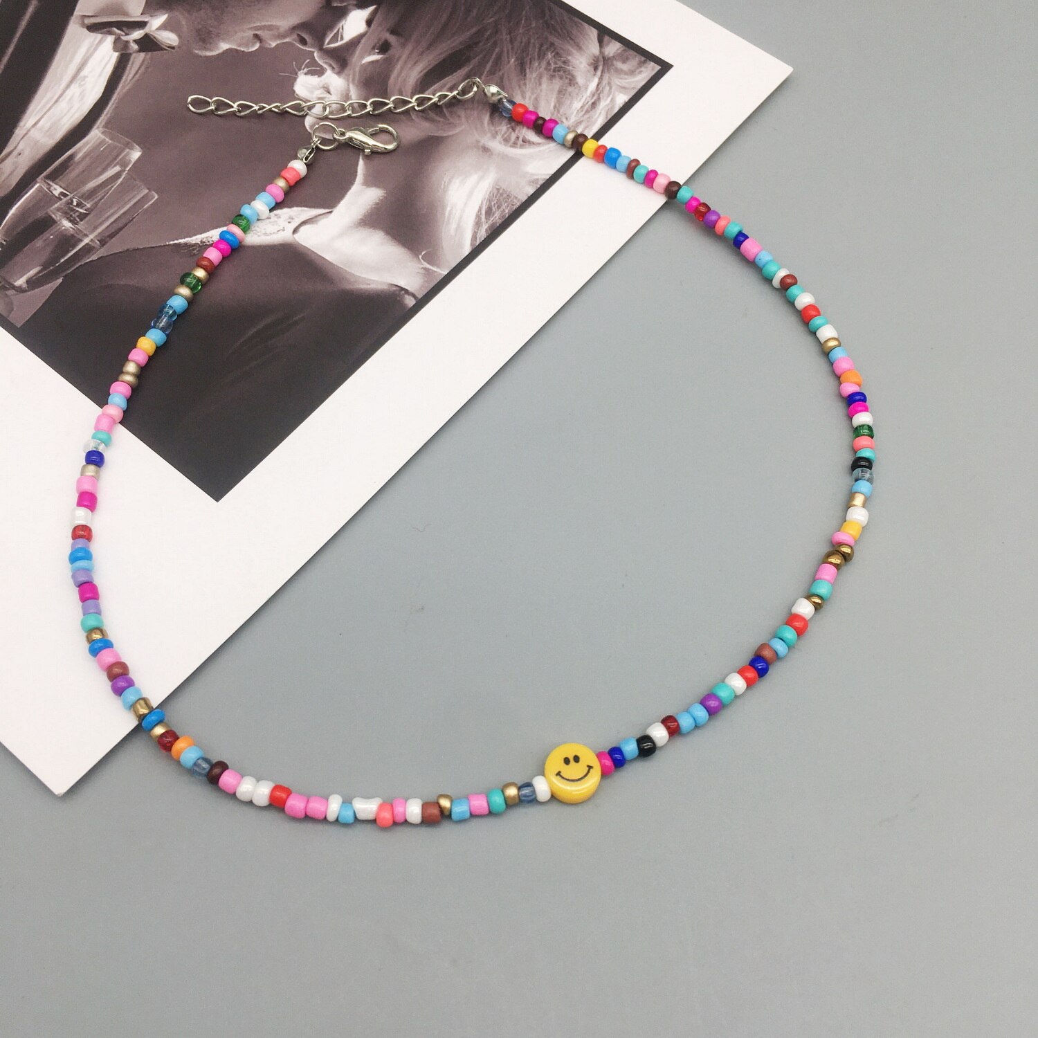 Boho Handmade Diy Seed Bead Necklace Letter Lucky Love Happy Choker Strand Chain Colorful Female Beach Collier Femme Jewelry: Face