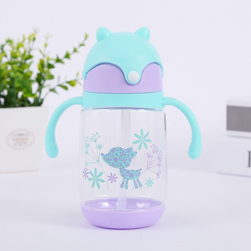 300ml Cute Fox Baby Feeding Cup with Straw Children Learn Feeding Drinking Bottle with Handle Kids Training Cup