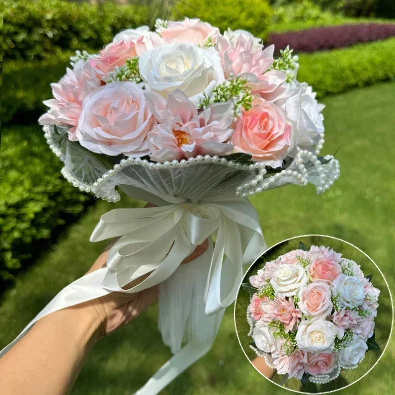 1pc buquês de casamento rosa para noiva, buquês brancos para noiva dama de honra decoração do dia dos namorados pérola renda malha rosa flor: Rosa
