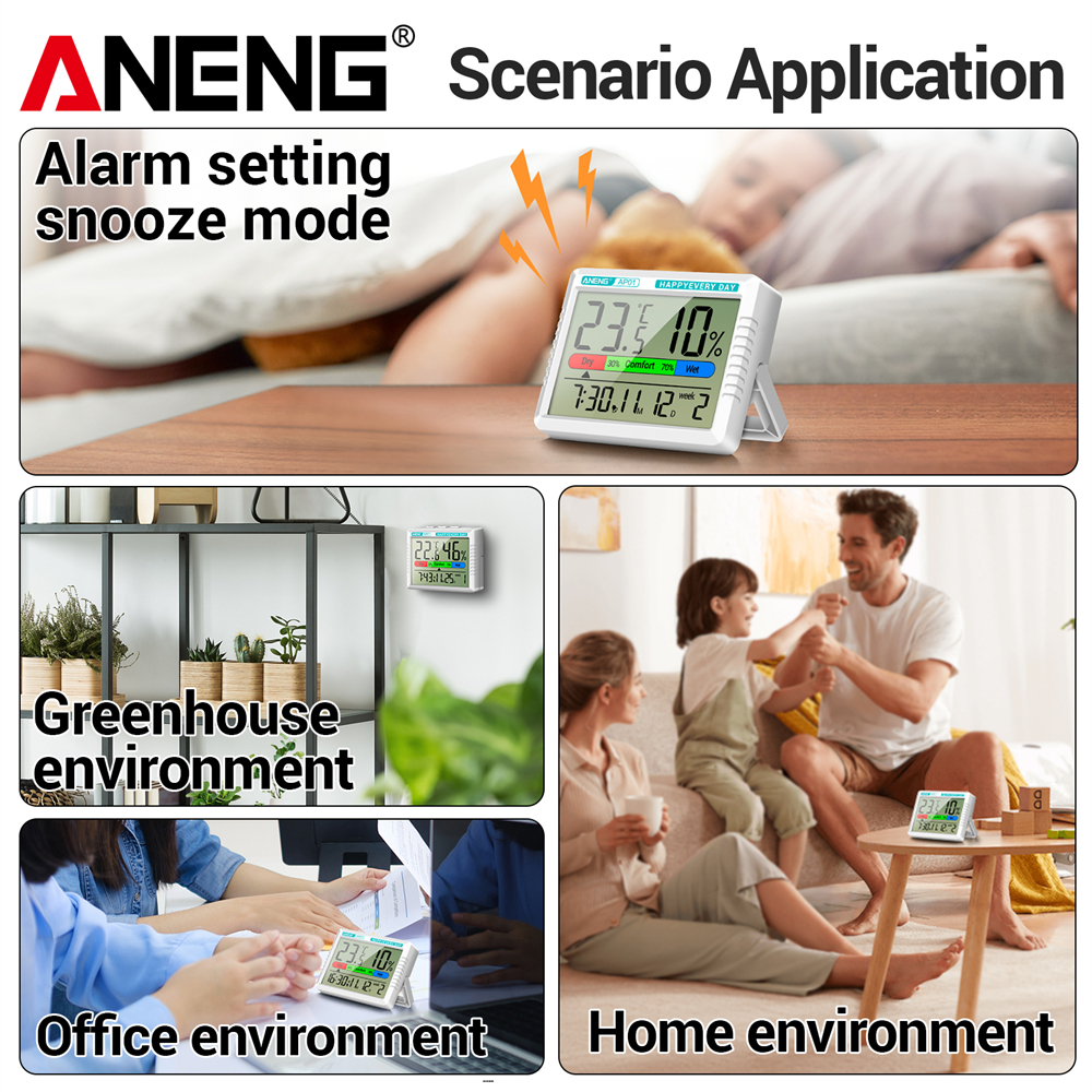 ANENG AP01 LCD Digital Thermometer Hygrometer Indoor Room Temperature Humidity Meter Alarm Clock Weather Station For Home