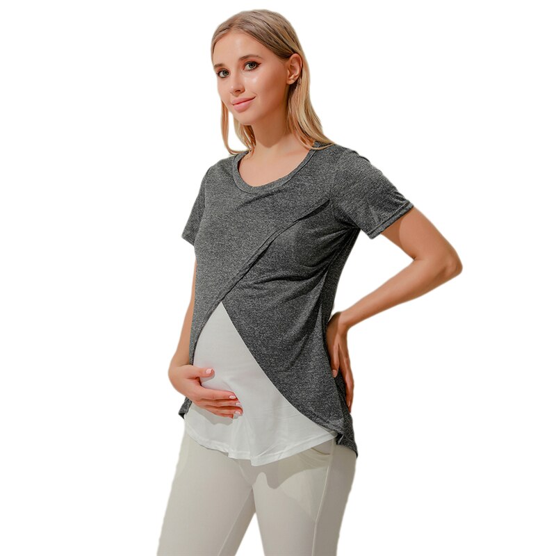 Zwangerschaps- en voedingsshirts, gestreept zomer-t-shirt met ronde hals, korte mouwen, onregelmatige tops, casual borstvoedings-t-shirt