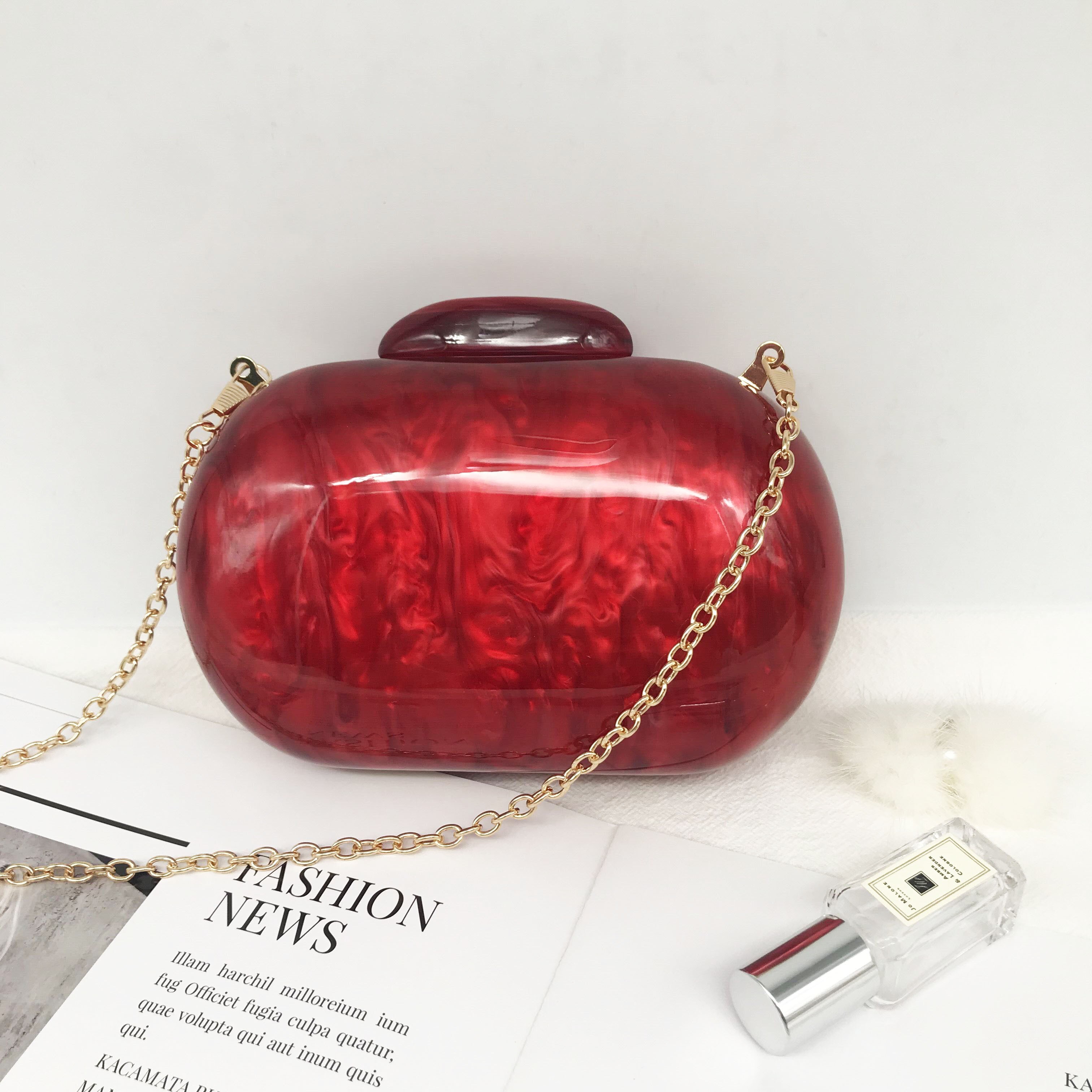 Ellipse Acrylic Bags Cute Clutches Coffee Handbag Evening Clutch Bag Wedding Party Purses Personality Women Chain Shoulder Bags: Red