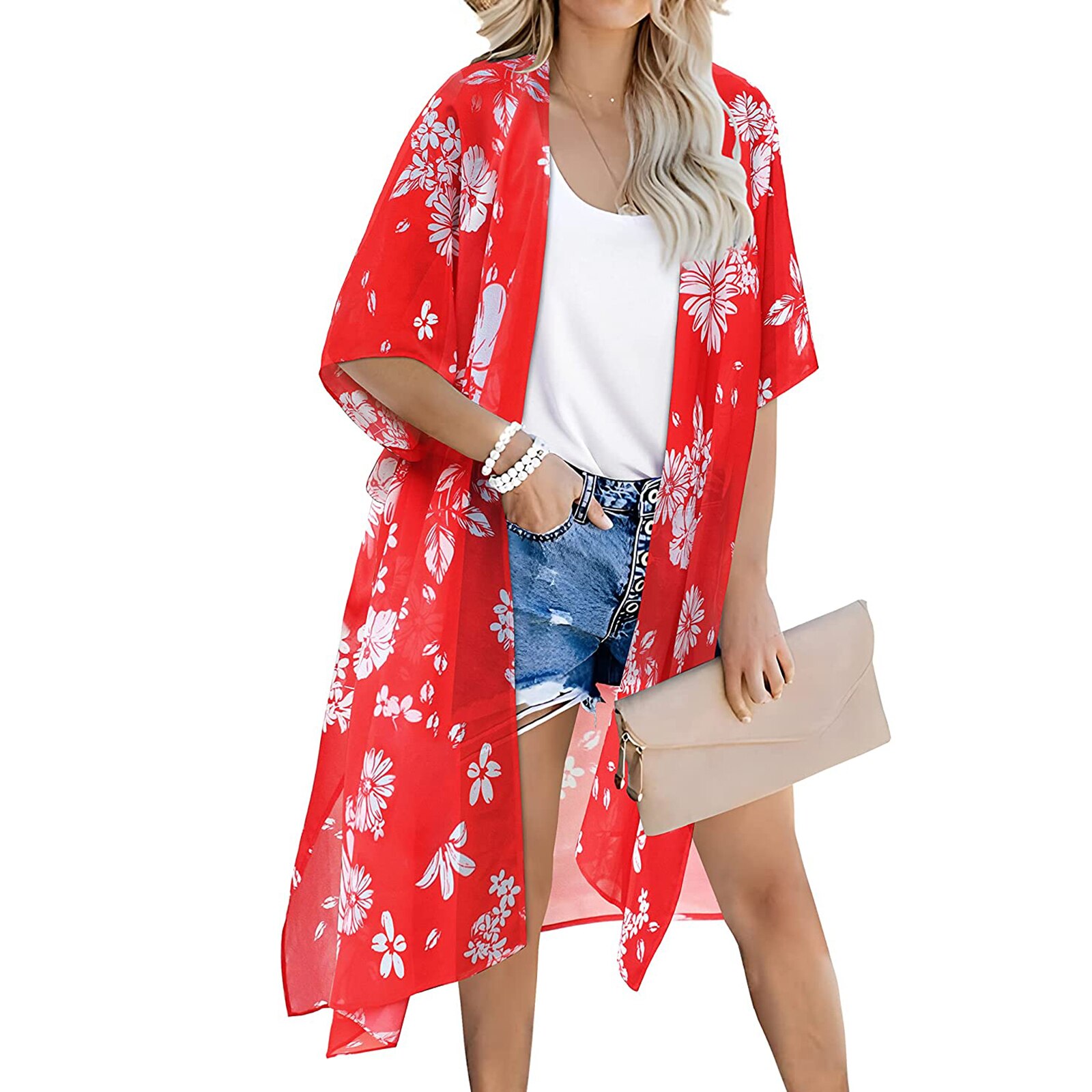Bata transparente para mujer, Blusa de gasa con estampado único, protección solar, Media manga, Bikini, cárdigan, falda Bohemia con abertura larga, 2022: 1