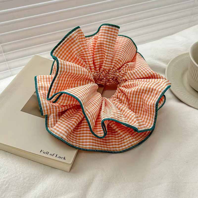 Retro Colorful Lattice Ruffles Hair Scrunchies Headbands for Women Girls Sweet Romantic Hair Rope Rubber Band Hair Accessories: Silver