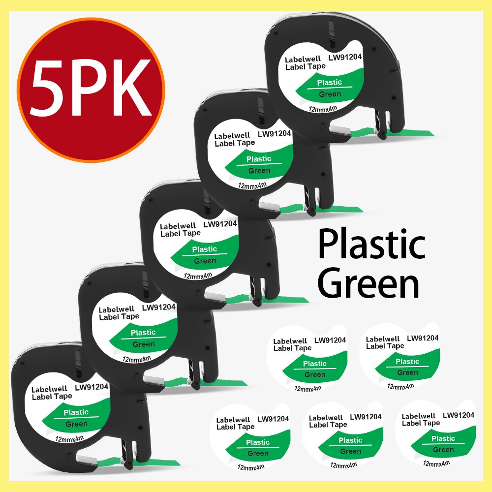 Labelwell 7PK 91202 91222 91332 plastikowa etykieta dla Dymo LT 12mm taśmy LT 91201 91200 91203 91204 12267 dla Dymo LetraTag LT-100H: 5PK 91204 Green