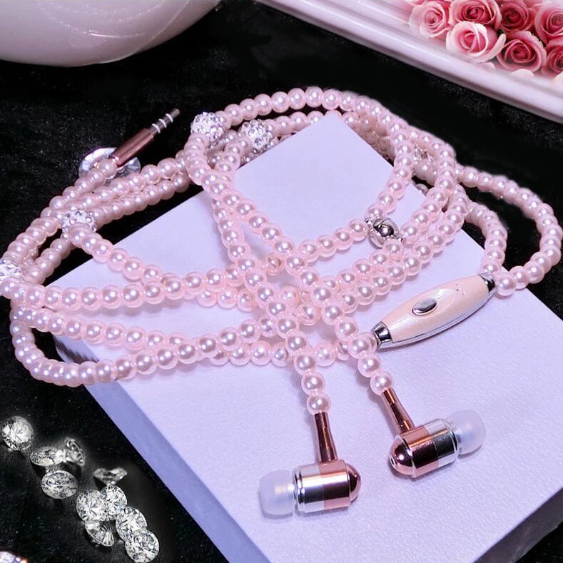 Pearl Necklace Earphone In-Ear Pink Rhinestone Necklace Jewelry Beads Earphones With Mic For Samsung Xiaomi Brithday Girls: Pink