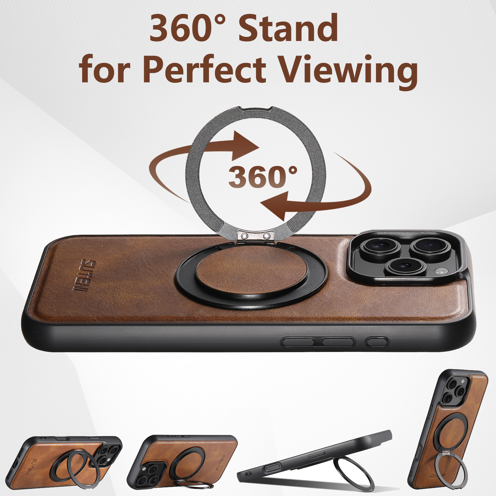 SUTENI-Coque de téléphone en cuir PU avec support rotatif à 360 °, avertisseur d'huile, chargement sans fil, compatible avec iPhone 16 Pro Max, 15 Plus, 14 Pro, 13, 12