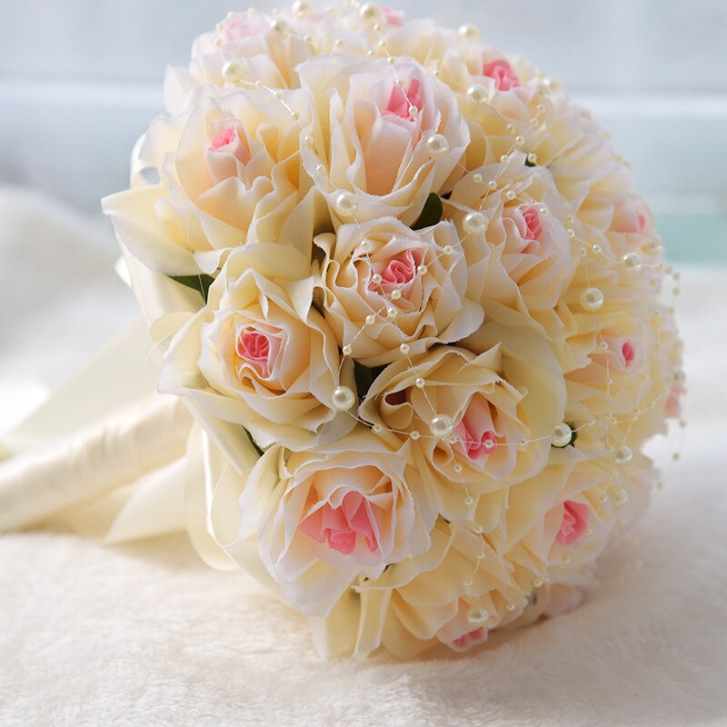 JaneVini Champagne White Bridal Flowers Bride Hand Bouquet Pearls Artificial Groom Flower Bouquet Brooch Mazzi Di Fiori