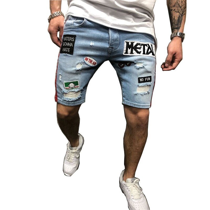Broderi herr hål shorts jeans hip hop jeansshorts smala män jean