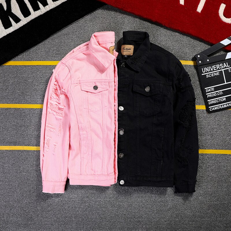 neue 5XL 4XL Rosa Zerrissene Denim Jacken Männer/Frauen Hüfte hüpfen Löcher lässig betrübt Streetwear Solide Männlich Jeans Jacke