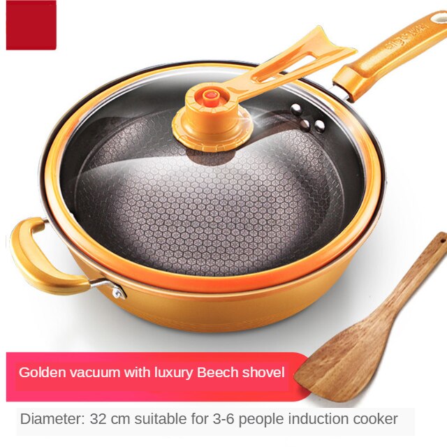 Vacuüm Wok Non Stick Pan Met Cover Geen Olie Rook Pot Ijzeren Pot Huishouden Keuken Inductie Fornuis Universele Pan: 5