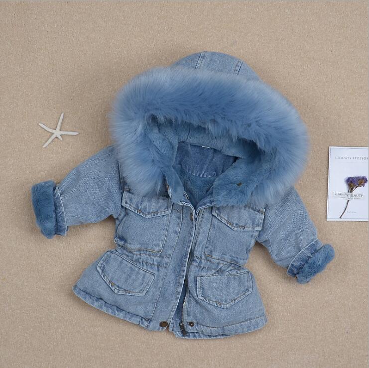 Veste en denim pour filles de 1 2-3-4-5 ans | Vêtements d'hiver en fourrure, manteaux chauds en velours plus, vestes d'hiver à capuche pour enfants: Bleu / 12M