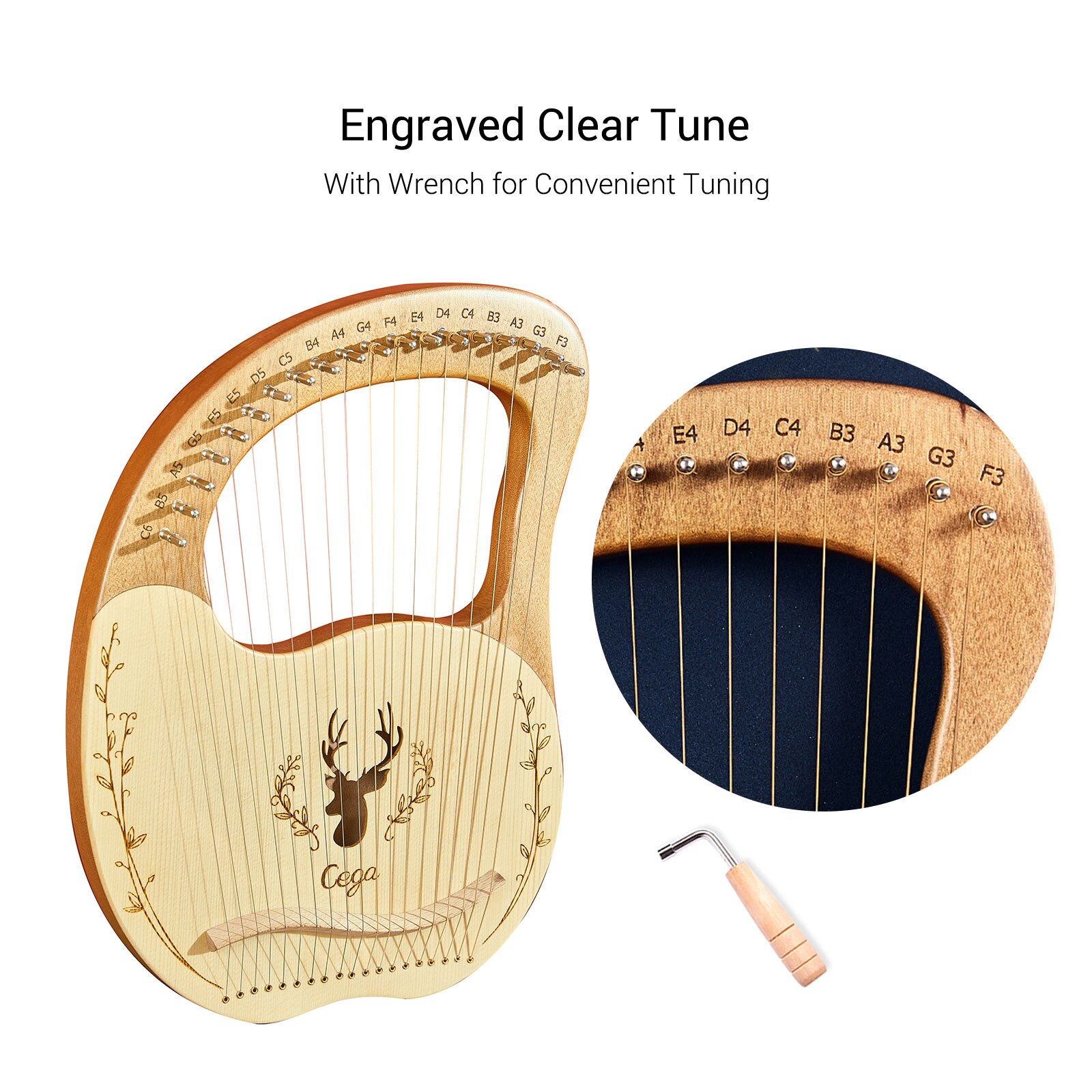 19-- snarige houten lier, harp, klankkast, snaarinstrument met stemsleutel, set van 3 plectrums