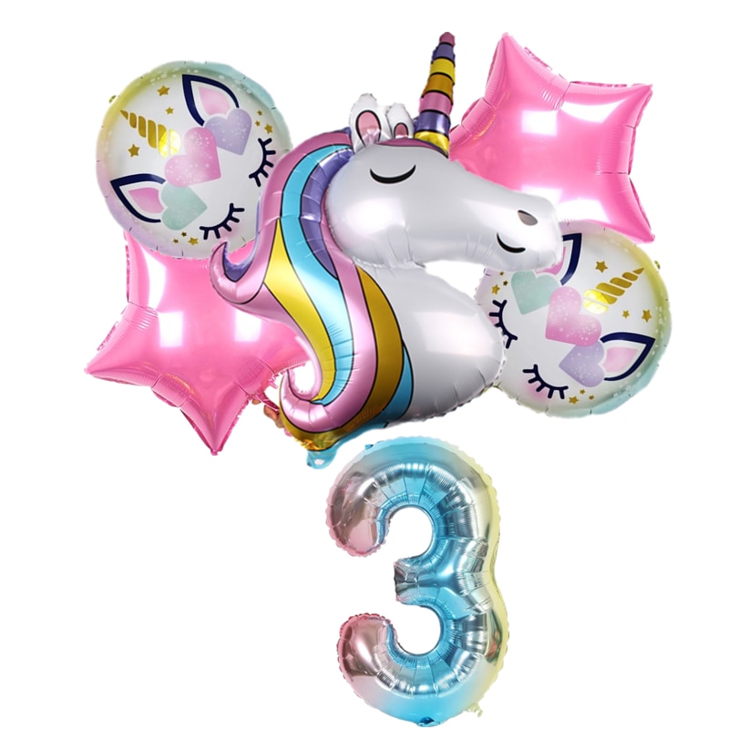 6Pcs Eenhoorn Set Cartoon Dier Aluminiumfolie Ballon Vijfpuntige Ster Bal Combinatie Kinderen Verjaardagsfeestje decoratio