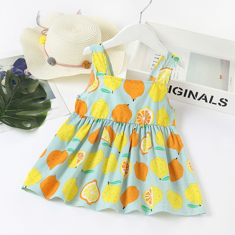 Baby pige kjole citron print sommer spædbørn småbørn pige bomuld citron kjole ærmeløs vesti vestido nyfødt baby tøj