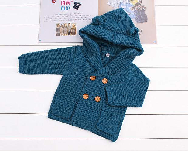 0-24M Babys Boy Girl Winter Autumn Sweater Long Sleeve Hooded Jacket Solid Cute Warm Knitting Coat: Blue / 12M
