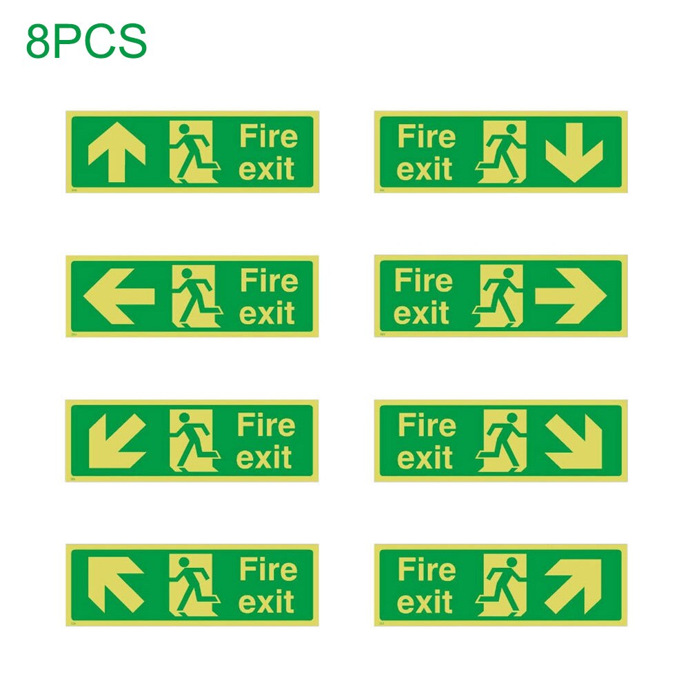8pcs Fire Exit Signs Adhesive Glow In The Dark Fire Exit Sign Secure Guidance Sign with Direction Arrows PVC Luminous Stickers