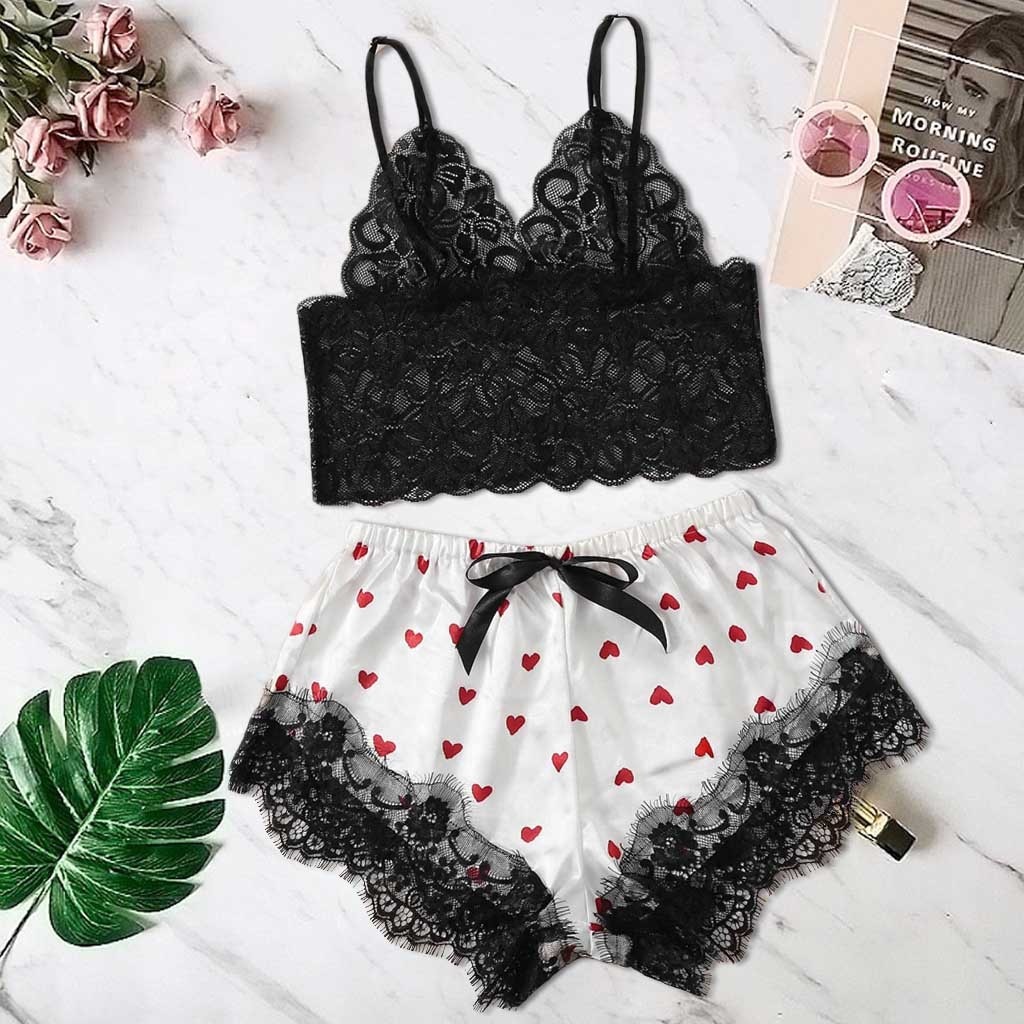 Ladies sexy pajamas Top with elastic bow top Satin Lace Silk Print Camisole Shorts Bow Set Sleepwear Pajamas Lingerie summer dot: L