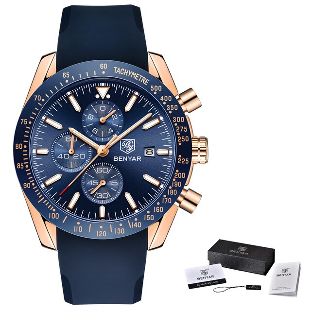 Luxe heren Horloge BENYAR Lederen Armband Sport Waterdicht Chronograaf Lederen Quartz Horloges Mannelijke Relogio Masculino: S gold blue box