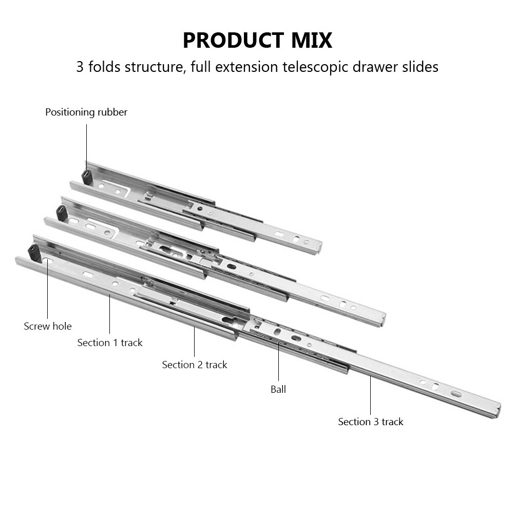 10 "  - 20 " rostfria lådor glider mjuk stäng låda spårskena glidande tredelade skåpslider möbelbeslag