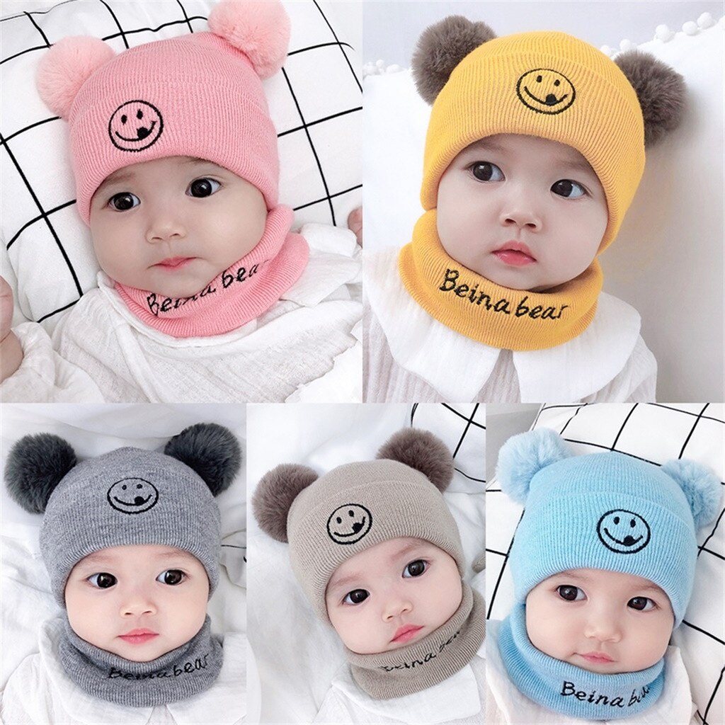 Conjunto de dos piezas de bufanda y sombrero de punto para niños, gorros de para chicas con estampado para el hogar, sombreros de bebé cálidos para invierno, sombreros para bebé niña # p30
