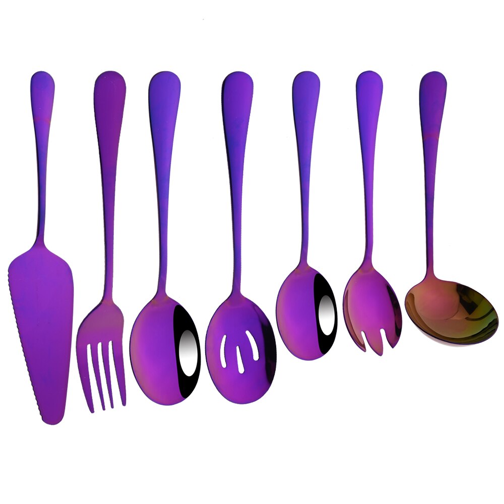7Pcs Gold Stainless Steel Dinnerware Set Soup Spoon Colander Spoon Service Spoon Salad Fork Cake Spatula Kitchen Home Tableware: Purple