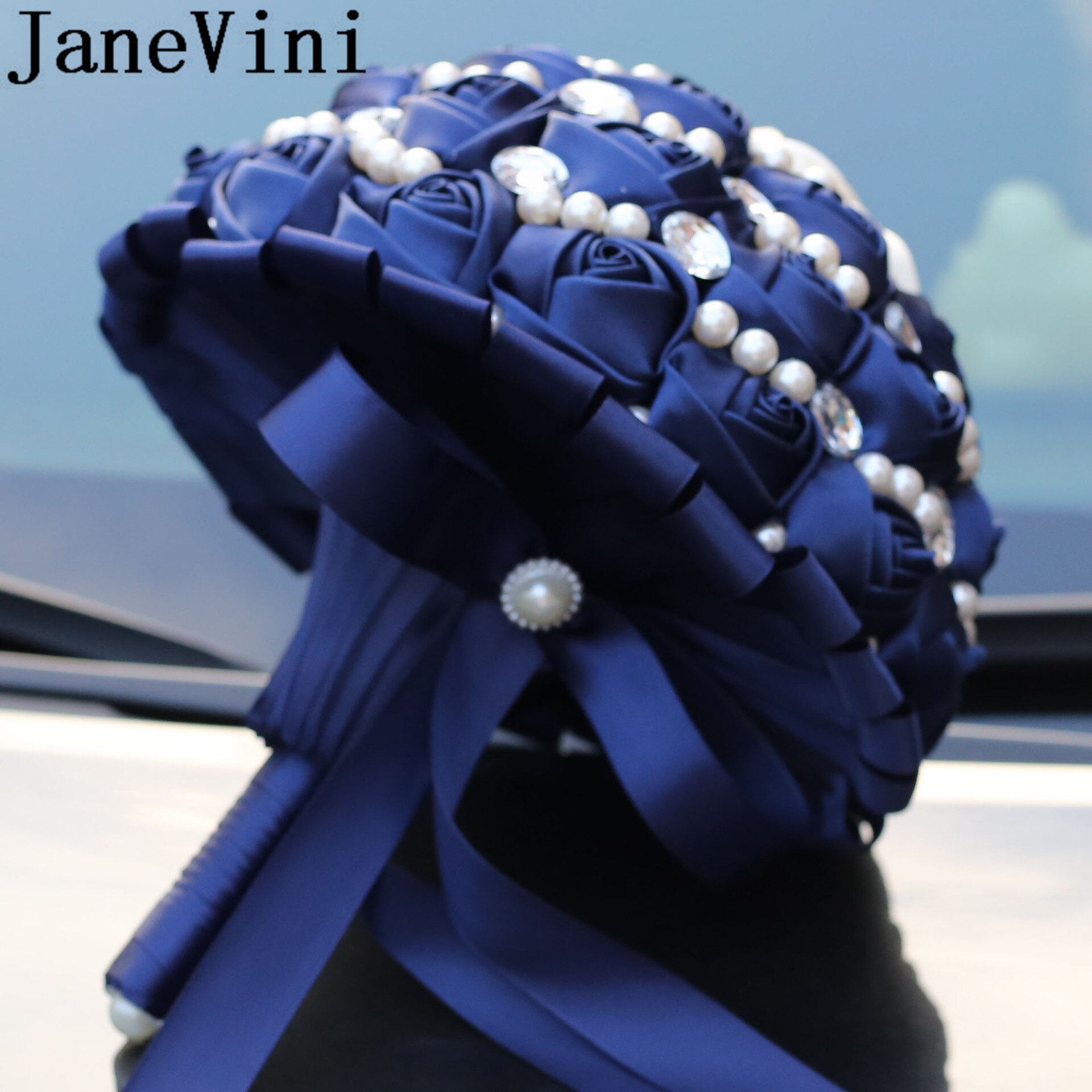JaneVini Navy Blue Pearl Beaded Flwer Wedding Boquet Bride Satin Flower Bouquets Crystal Rose Bridal Bouquet bruids boeket