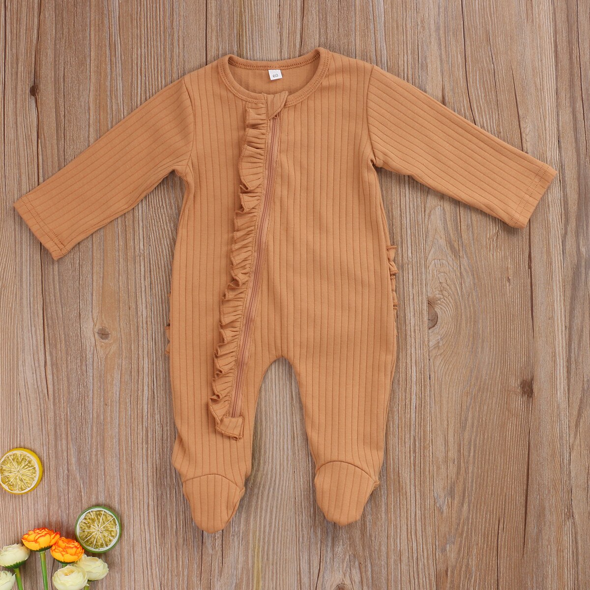 0-6M All Seasons Outfits Newborn Infant Baby One-piece Footed Pajamas Candy Colors Long Sleeve Ruffle Zip Nightclothes Sleepwear