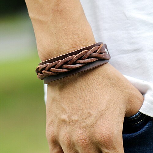 Heren Cool Klassieke Stijl Gebreide Lederen Armband Punk Polsband Manchet Armband Bdoa