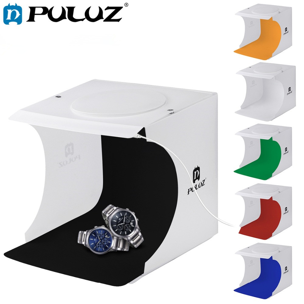 Puluz 20*20cm mini studio diffus softbox lightbox med 8 led lys bordplade optagelse fotostudio box med 6 farve baggrunde