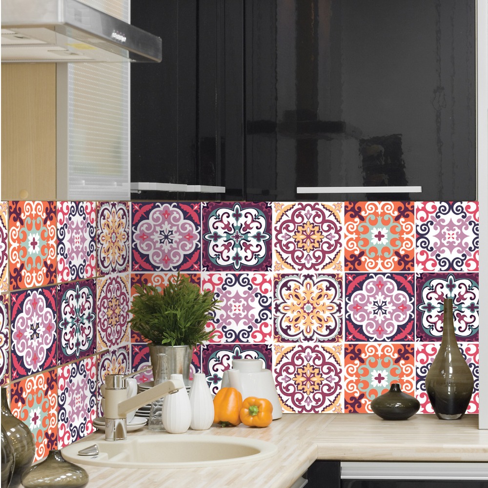 Marockansk stil färgglada retro blommor mönster kakel golv väggdekal 20*20cm*6 st kök trappa toalett affisch vinyl konstdekal